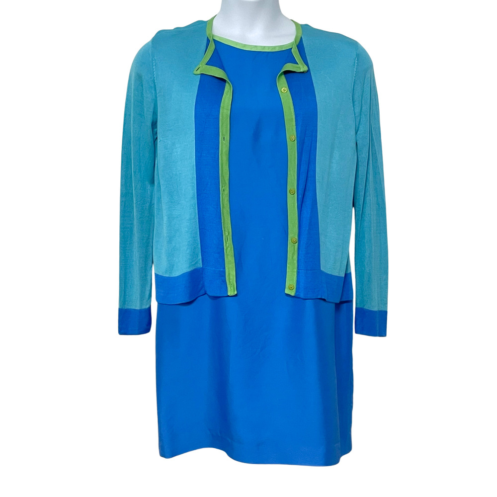 Talbots Petites Sz 12P Sheath Dress & Matching Sweater Set Blue & Green Silk